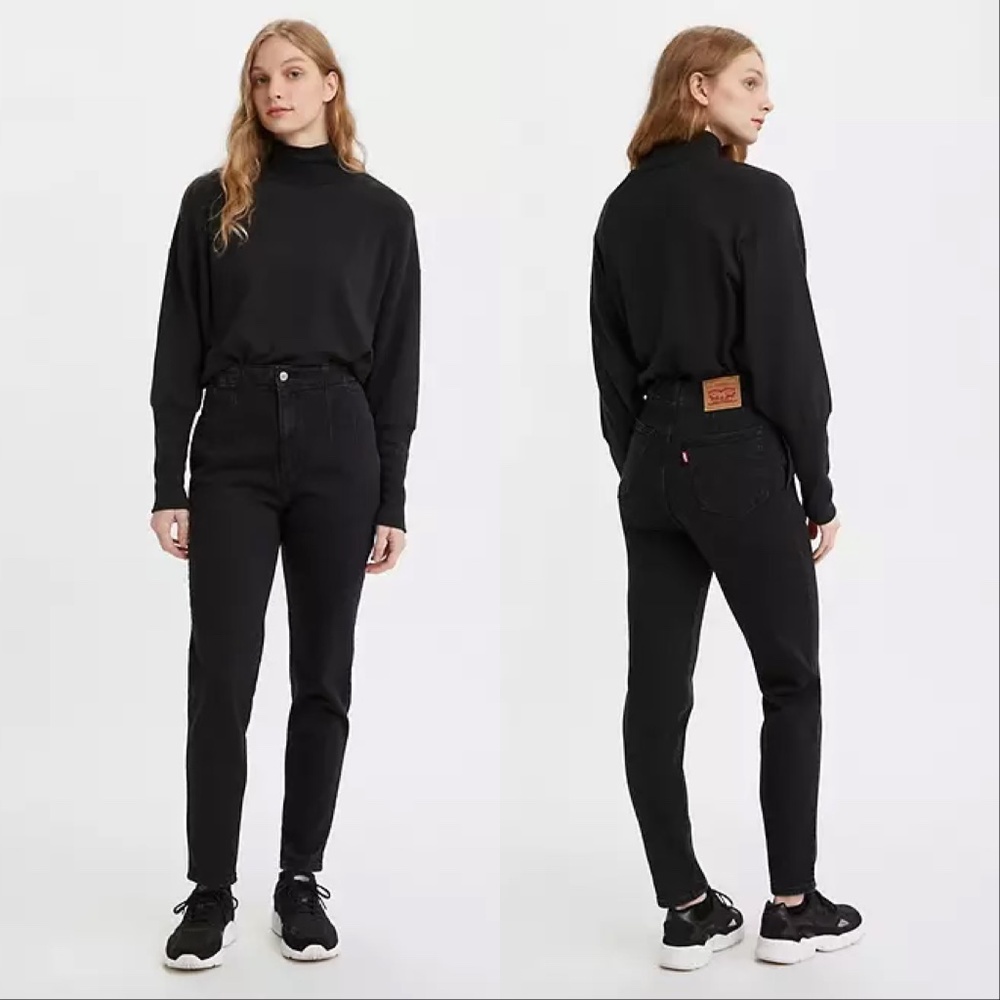 Levis High Waisted Taper Relaxed Flash Back Washed Black Stretch Mom Jeans